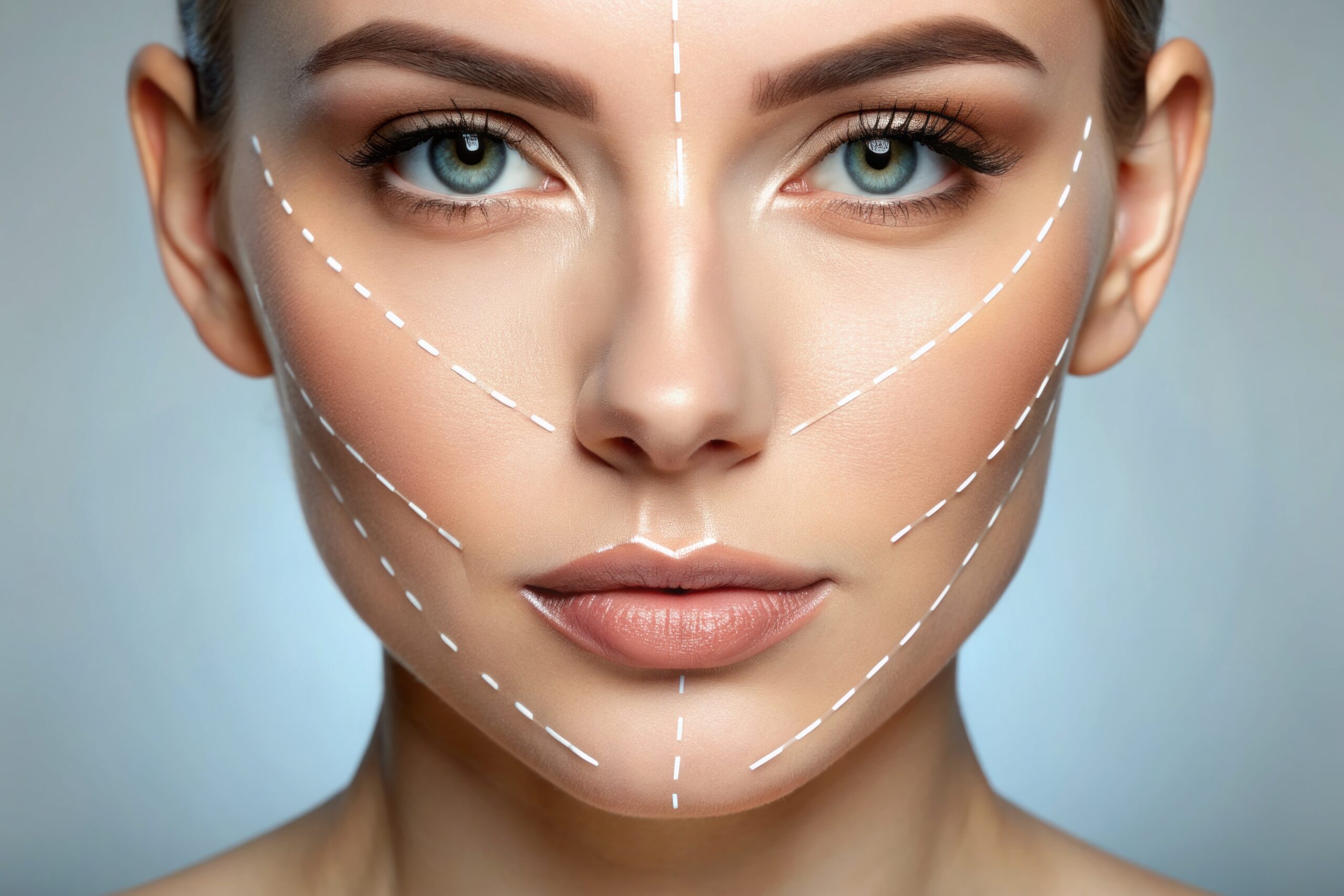 Close up of a face with threads and arrows illustrating a non surgical thread facelift procedure for facial contouring and skin rejuvenation, representing plastic surgery and beauty concepts.